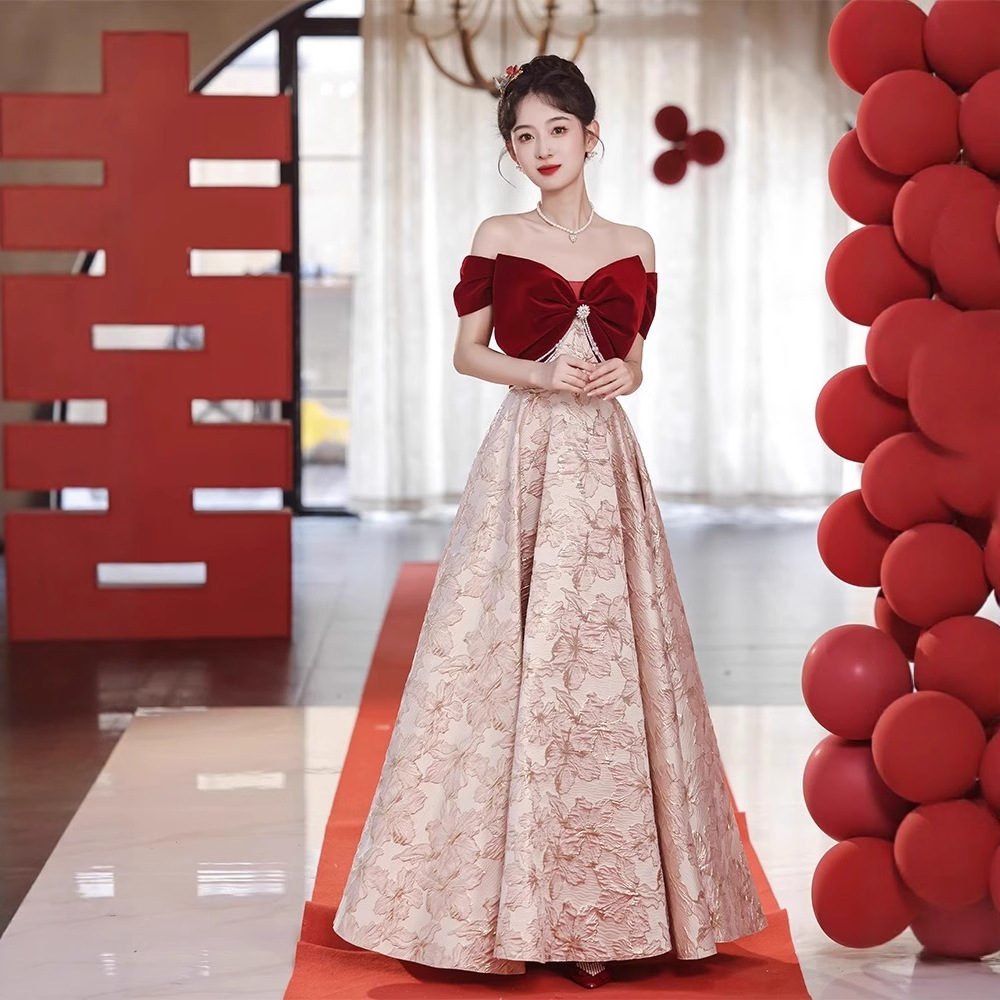 2026 New Bridal Off-Shoulder Engagement Evening Dress for Women, Light Luxury Niche Gown