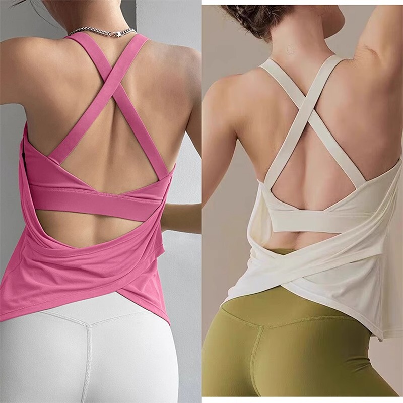 新しいスタイルのノースリーブヨガベスト、胸パッド付き、ランニングバックスポーツトップ、女性用ピラティスフィットネスTシャツ|undefined