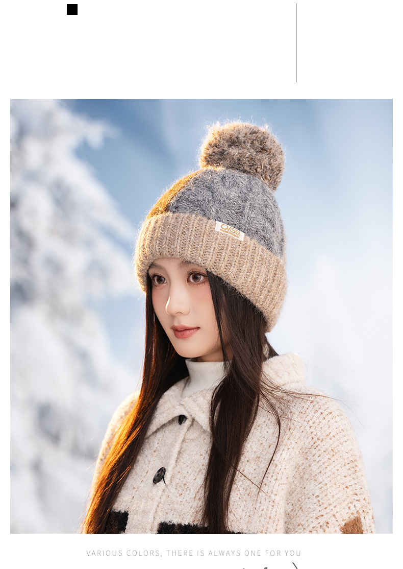 Fashion Versatile Color Block Pom Knitted Autumn Winter Outdoor Fleece Lined Thickened Warm Artistic Retro Pullover Hat_voghion.com