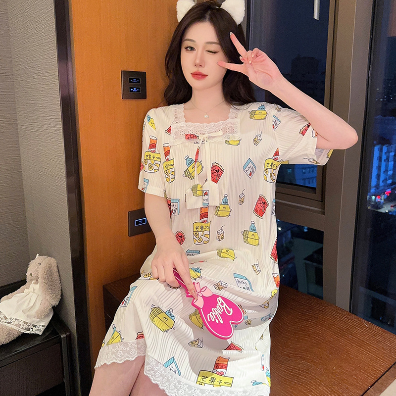 牛奶丝抽条睡衣女夏季甜美短袖中长宽松睡裙大码200斤家居服外穿