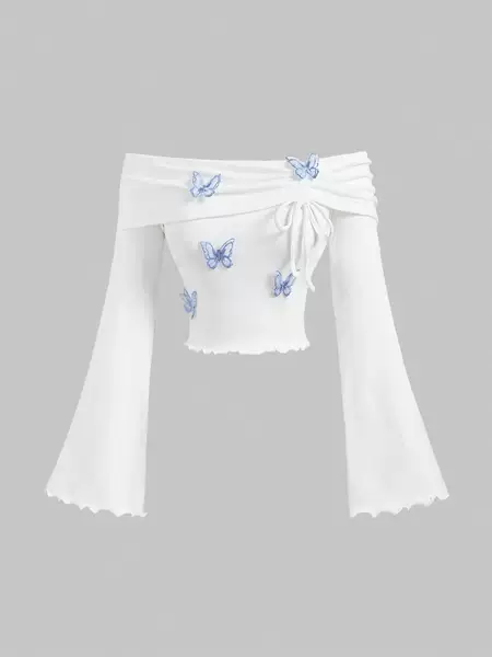 Pure Desire Style Off-Shoulder Ruffle Drawstring Butterfly Print Long Sleeve T-Shirt for Women, Early Autumn New Slim Fit Top