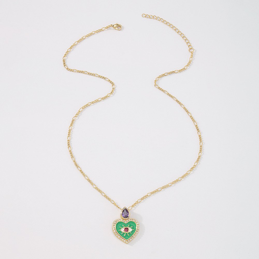 simple retro evil eye zircon heart dripping oil copper necklace
