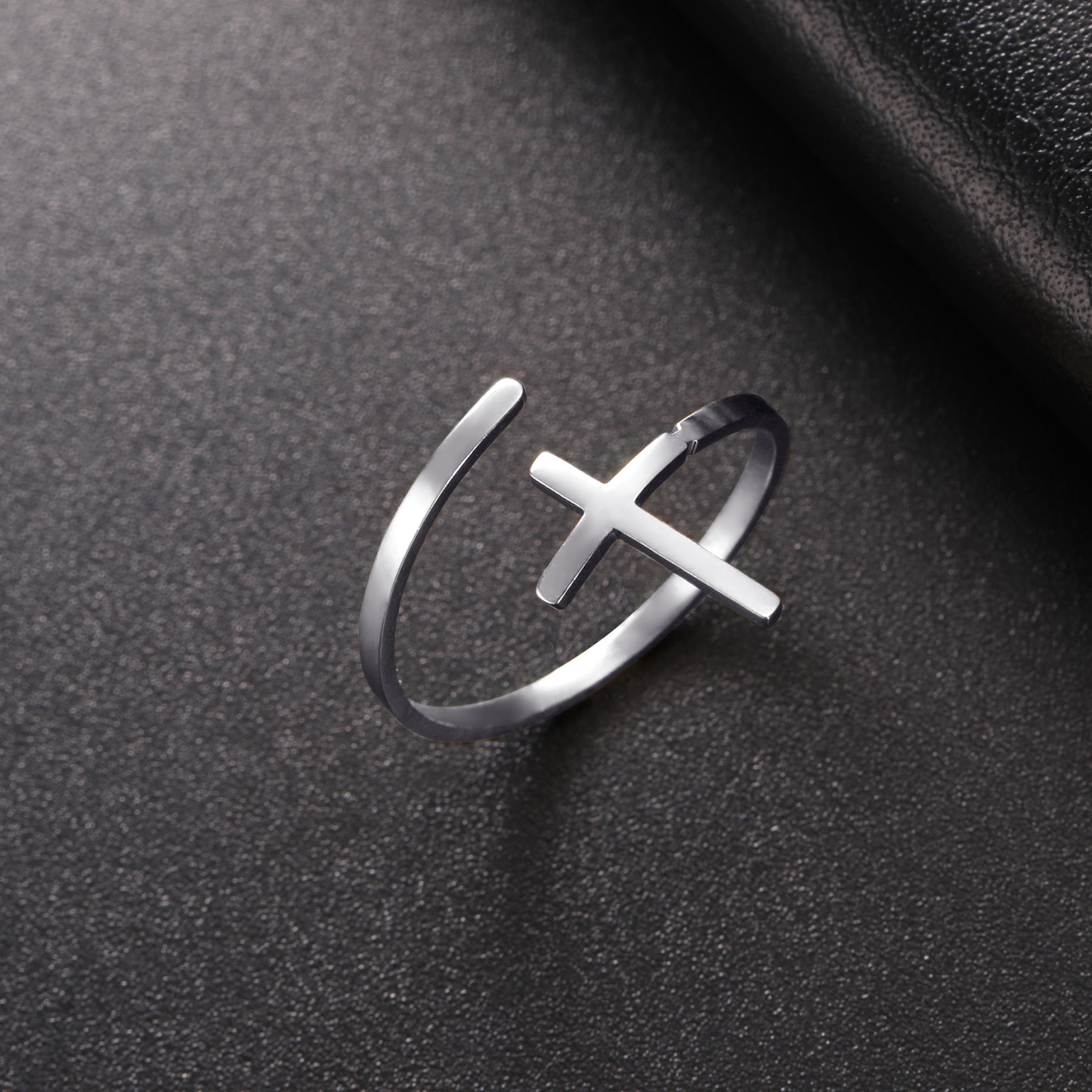 18K Gold Plating Titanium Steel Cross Open Couple Ring Adjustable