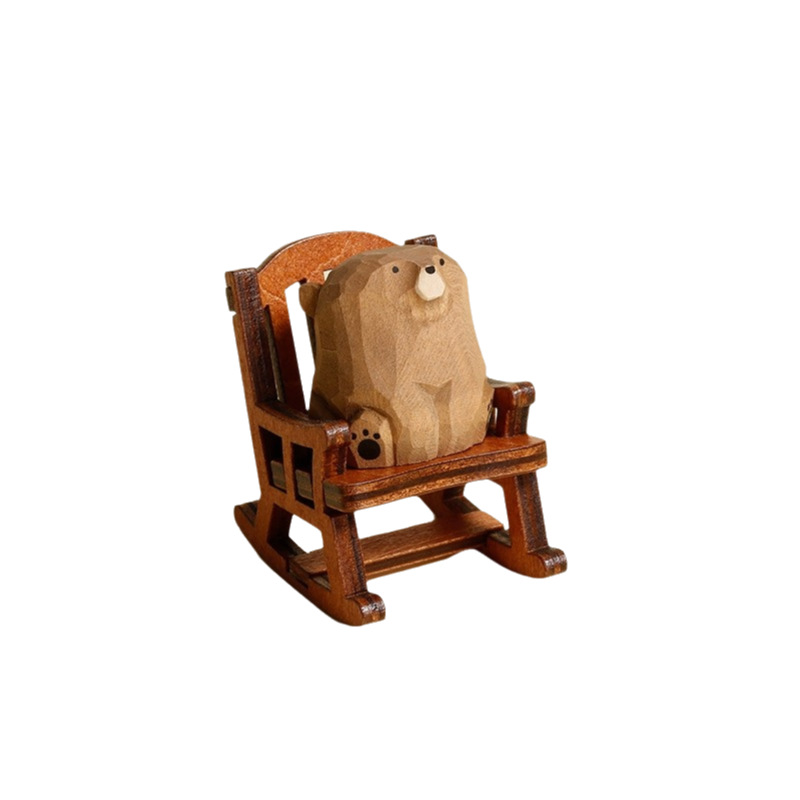 Handmade wooden carved bear figurines, made of solid wood, including small brown, white, and black bears, suitable for street vendors.