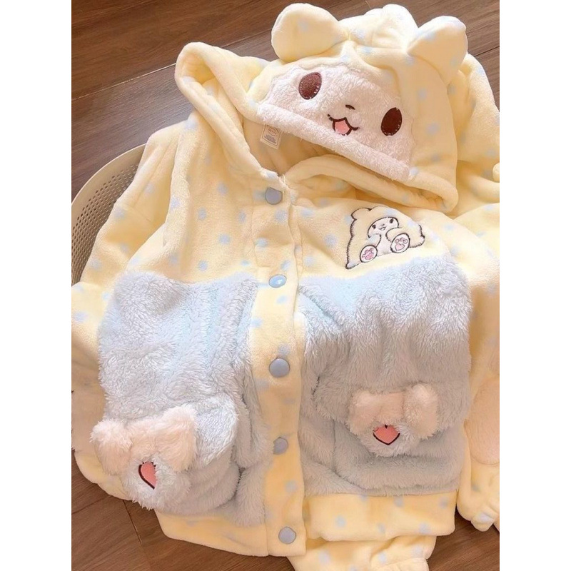 담요 곰 겨울 새로운 후드 플란넬 두꺼운 따뜻한 귀여운 소녀 부드러운 소녀 산호 양털 잠옷 홈 옷