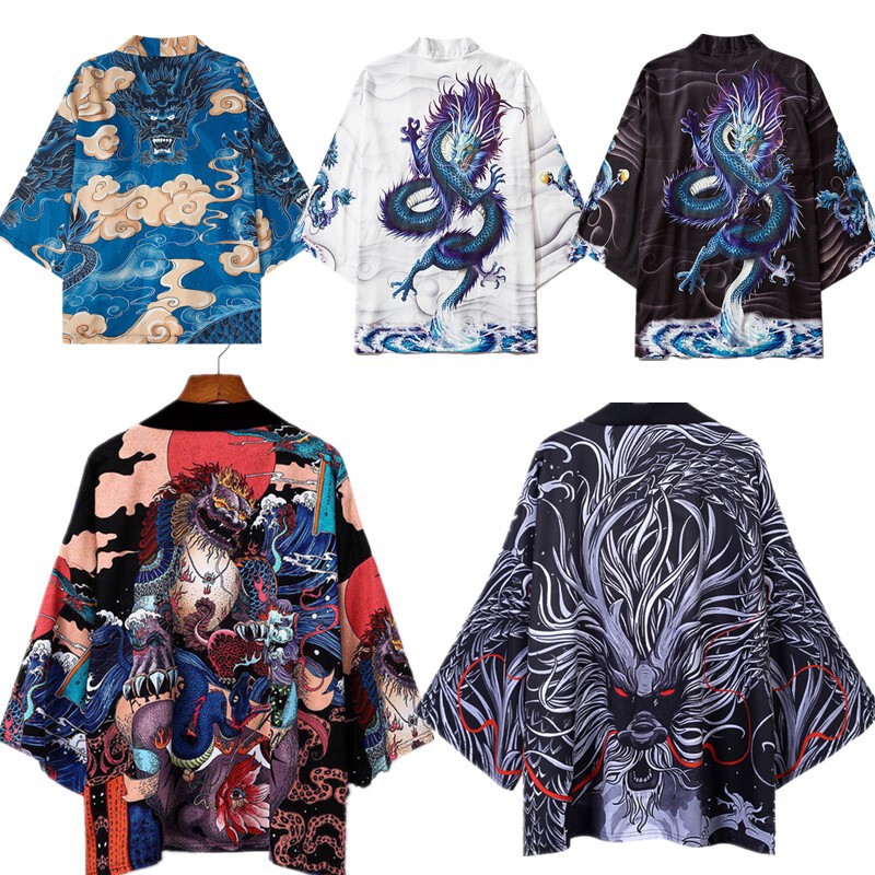 National Fashion Chinese style Dragon retro ukiyo-e Harajuku kimono cloak feather woven robe 3D digital printing cardigan Hanfu