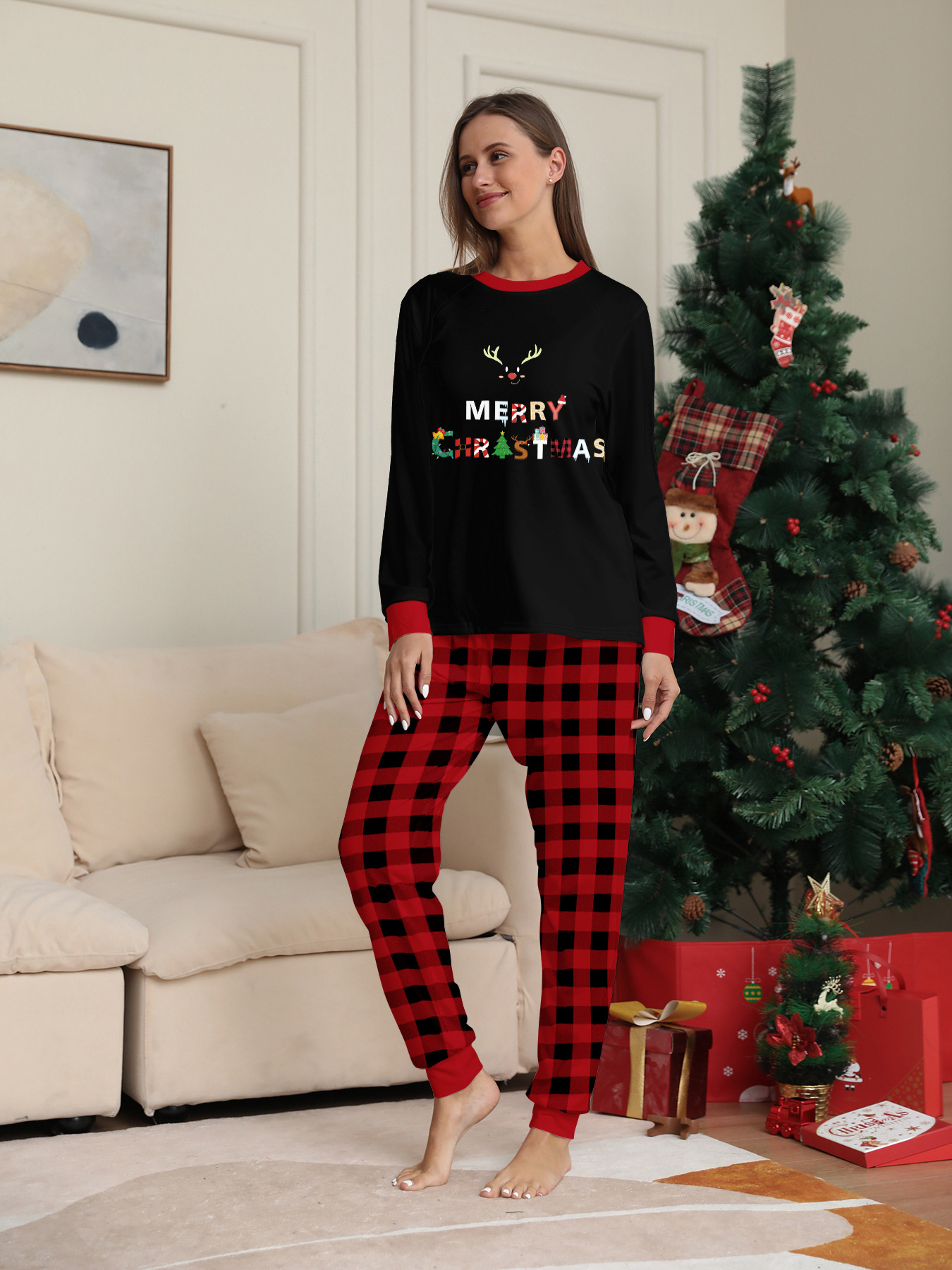 Christmas Christmas deer letter plaid Christmas family print home dress pajamas_voghion.com