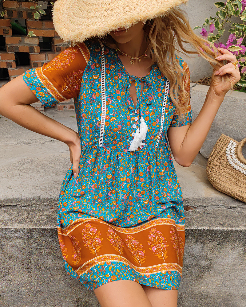 summer Bohemian style floral print short-sleeved short dress （multicolor） NSKA121436