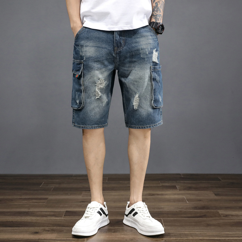Summer Thin Trendy Brand Cargo Shorts for Men, Loose Straight-Leg Five-Point Casual Shorts for Men, Loose Denim Straight-Leg Mid-Pants