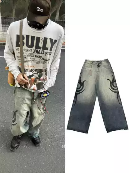 B Brand Show Style Y2K Dragon Pattern Totem Print Drawstring Washed Long Pants Paris Style Baggy Slub Denim Jeans