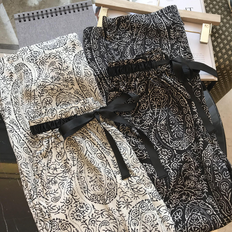 Fashionable and slim! Strong recommend! Soft glutinous draping ethnic style floral lace-up printed thin wide-leg pants for women