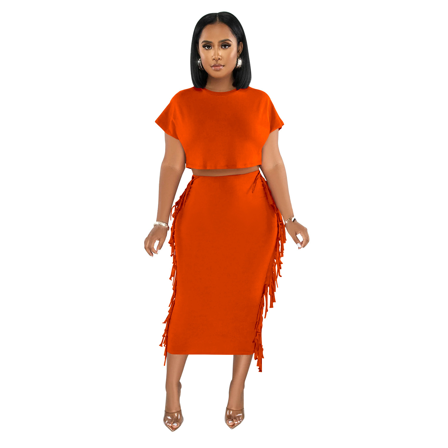 X6331 transfronterizo AliExpress Amazon ropa de mujer de moda europea y americana borla de color sólido cuello redondo Vestido de manga corta conjunto de dos piezas