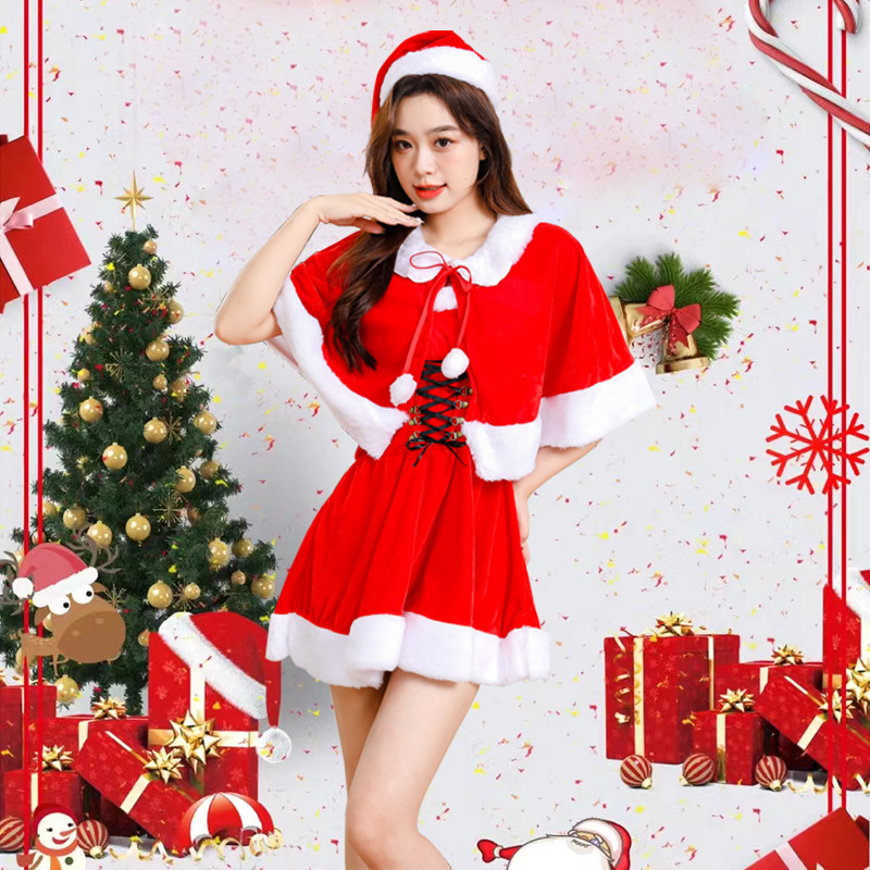 Real Shot New Christmas Costume Japan Lotte Christmas Strapless Strap Stage Dress Small Shawl