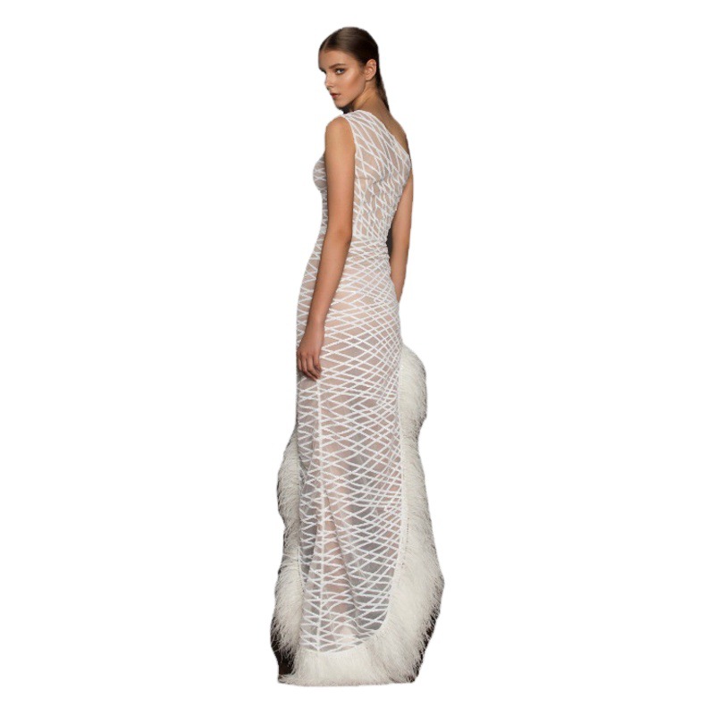 Vestido largo de noche elegante de malla con escote asimétrico sin mangas, estilo europeo y americano, novedad de primavera-verano 2025 para comercio transfronterizo.
