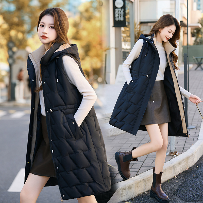 2025 otoño y invierno grueso con capuzas de algodón largo abrazadera de caballo chaqueta de mujer coreana delgada hombro sobre rodilla chaleco de pluma de algodón de moda