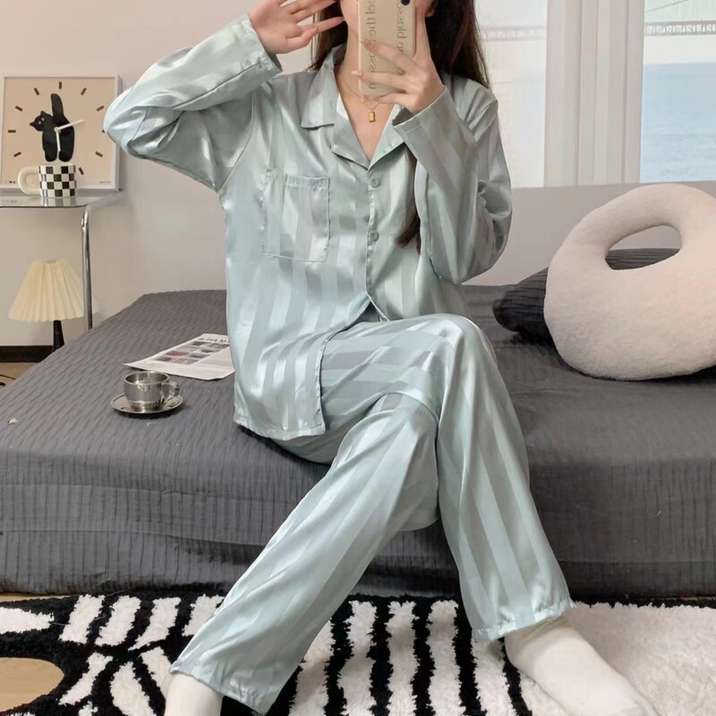 Pajamas for Women Spring and Autumn Jacquard Vertical Strips High-End Imitation Silk Can Be Worn Outside Home Clothes Set Factory Wholesale