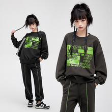 春秋新款圆领长袖慵懒风明线卫衣高腰束脚长款休闲裤两件套装女