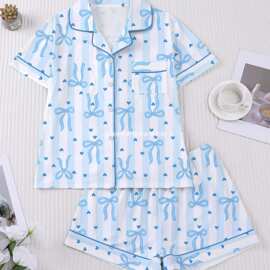 跨境外贸爆款欧美女士睡衣蝴蝶结印花翻领短袖短裤pajamas