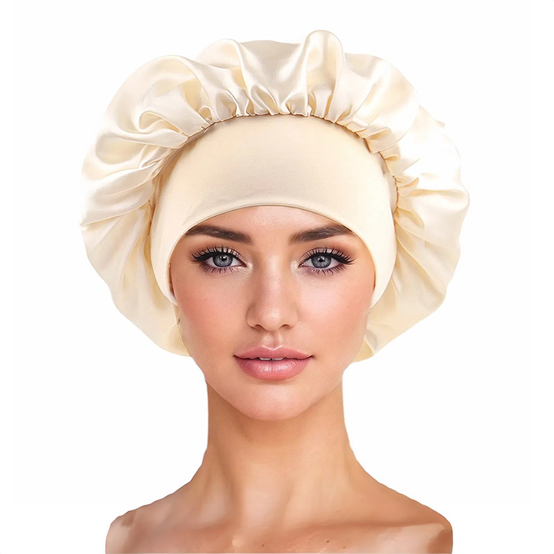 Amazon damas de borde ancho de alto elástico sombrero, sombrero de dormir, sombrero de baño, sombrero de quimioterapia, sombrero de seda, sombrero de cuidado del cabello transfronterizo