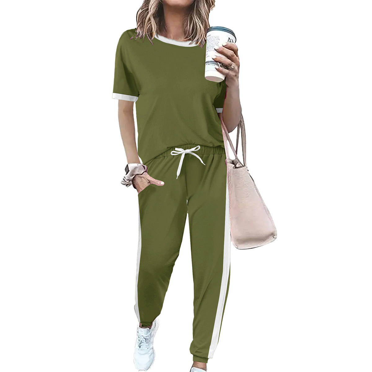 Women's Summer Two Piece Set European American Style round Neck Short Sleeve Top with Trousers_ecoleips.com