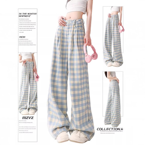Blue Grid Casual Pants for Women, Loose High-Waisted, Slouchy Drape, Straight Leg Wide Leg Floor-Length Pants
