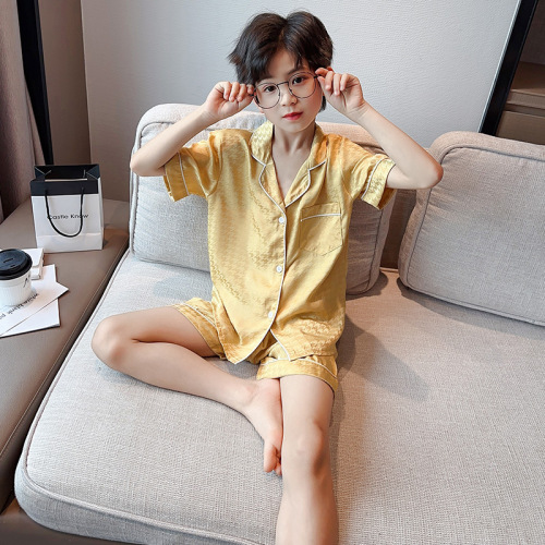 Summer thin set of boy's ice silk pajamas for middle and large children, two-piece summer short-sleeved shorts home wear for boys