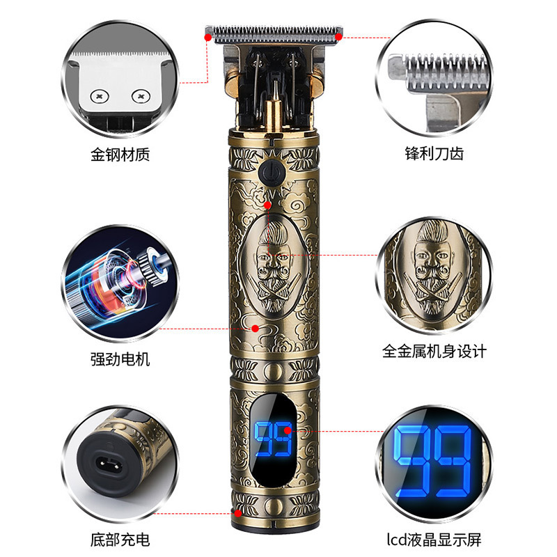 Venta caliente transfronteriza pantalla digital LCD cabeza de Buda Clipper eléctrico talla marca gradiente pelo Clipper recorte empuje blanco T9 pequeño Clipper