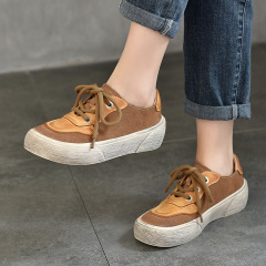 設計感拼色休閒鞋女真皮四季鞋2024春季新款平跟系帶百搭板鞋圓頭