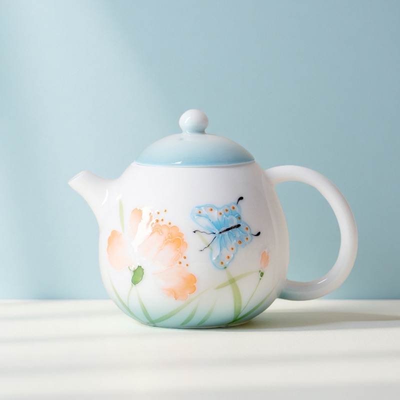 墨己玉泥蓝芙蝶梦手绘家用茶具合集功夫茶具陶瓷茶壶三才盖碗茶杯|undefined