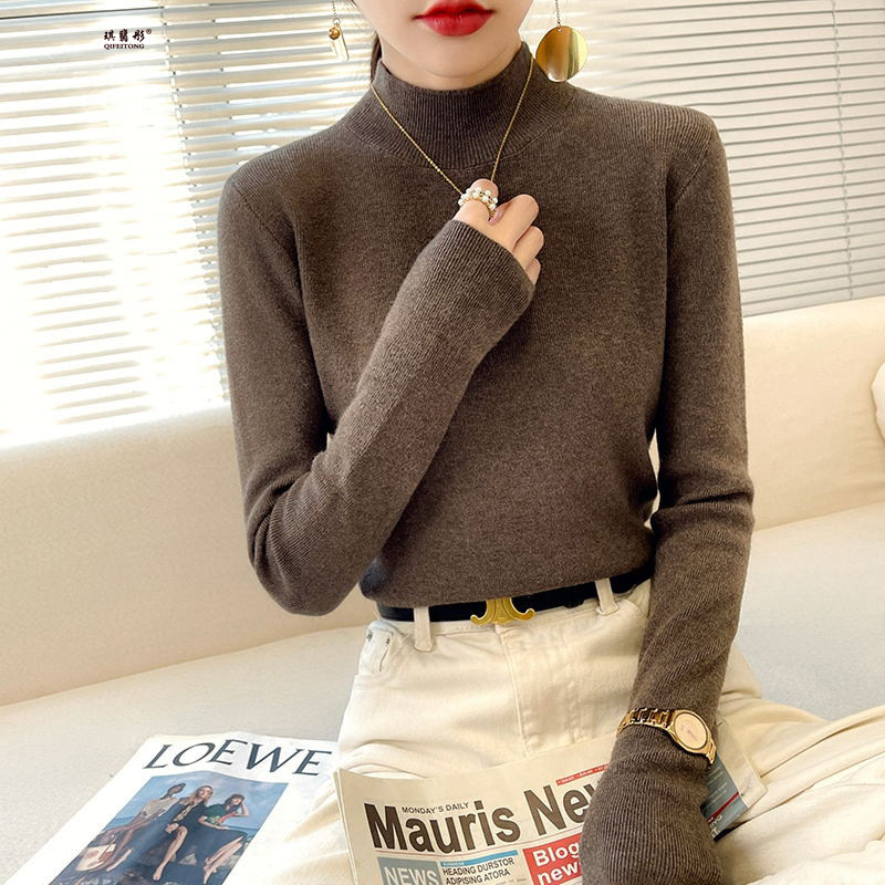 Wool Blend 2026 Spring New Women's Loose Half-Turtleneck Solid Color Short Pullover Knit Sweater