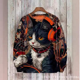 复古彩印橙耳机DJ酷猫派对人群满印连帽卫衣复古潮酷派对风个性款