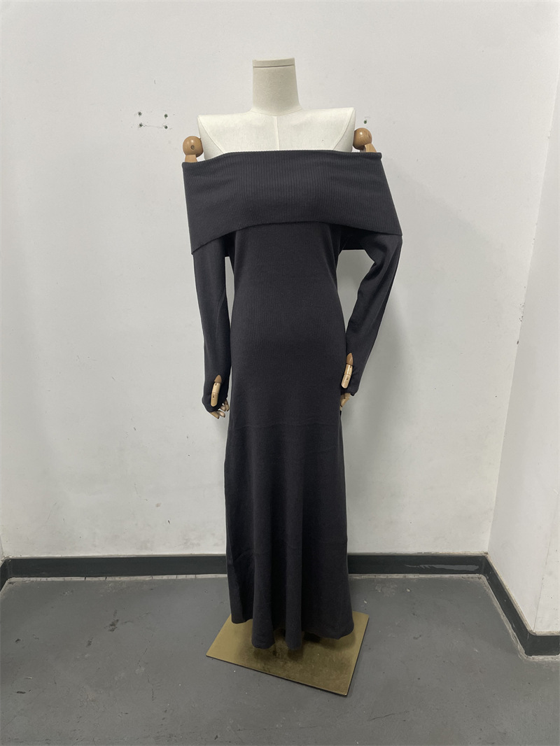 Autumn Winter Women Clothing Elegant off Shoulder Dress Solid Color Formal Dress Length Dress
