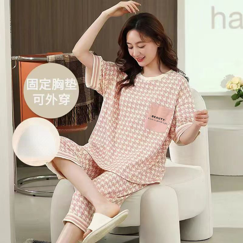 睡衣女夏纯棉夏季新款短袖七分裤韩版休闲可爱外穿家居服套装女士|undefined
