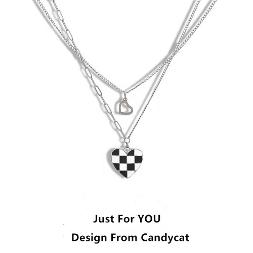 Checkerboard double layer necklace light luxury niche clavicle chain ins cool style sweater chain  new trendy accessories