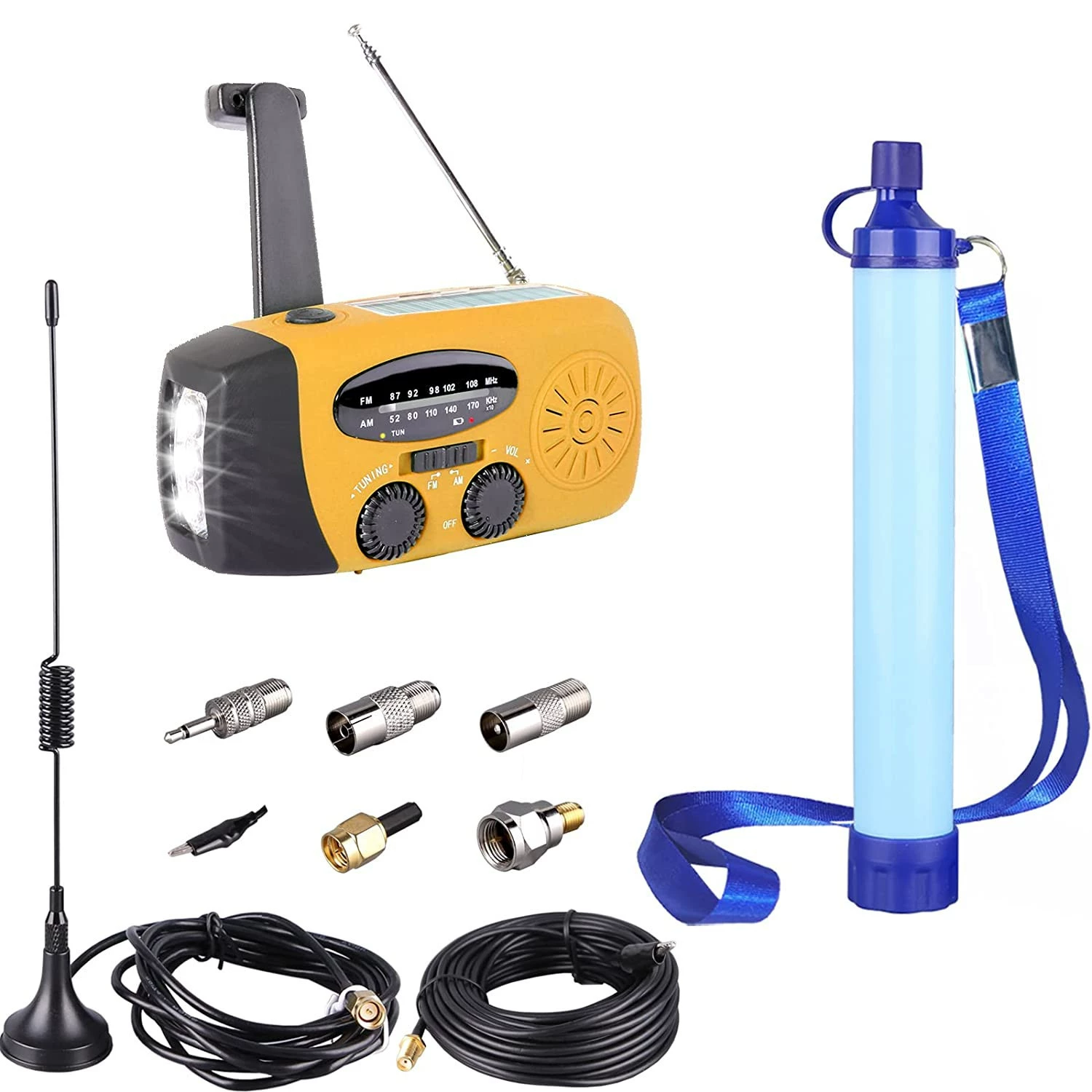 Предотвращение стихийных бедствий аварийная Солнечная энергия с ручным приводом Комбинация радио + FM-антенны + Портативный аварийный комплект для очистки воды