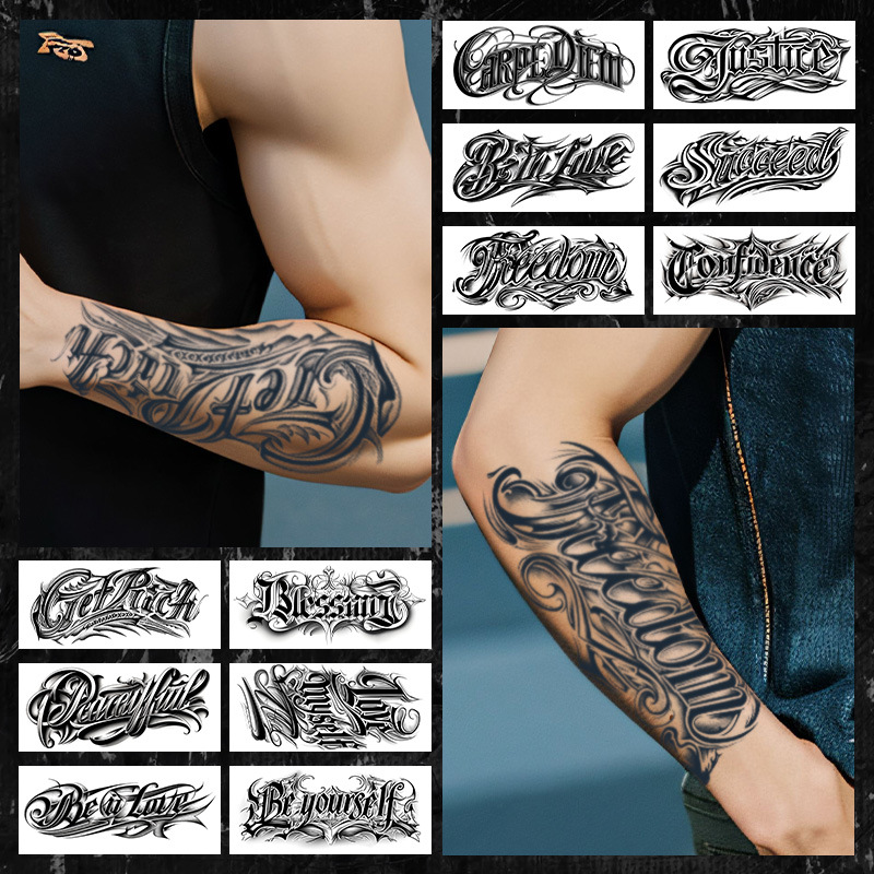 Adhesivos de tatuajes a base de hierbas con letras para hombres, impermeables y de larga duración, sin reflejos, tatuajes semipermanentes, personajes de flores, brazos y hombros femeninos