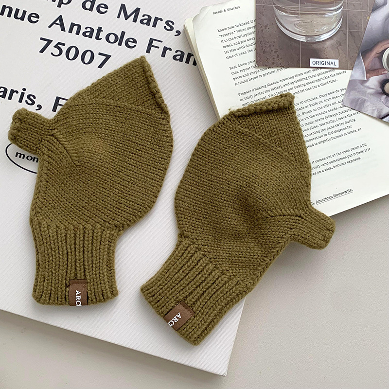 Guantes de medio dedo de invierno lindos etiquetas coreanas para jugar con teléfonos móviles a prueba de frío dedos expuestos pantalla táctil guantes de lana de punto