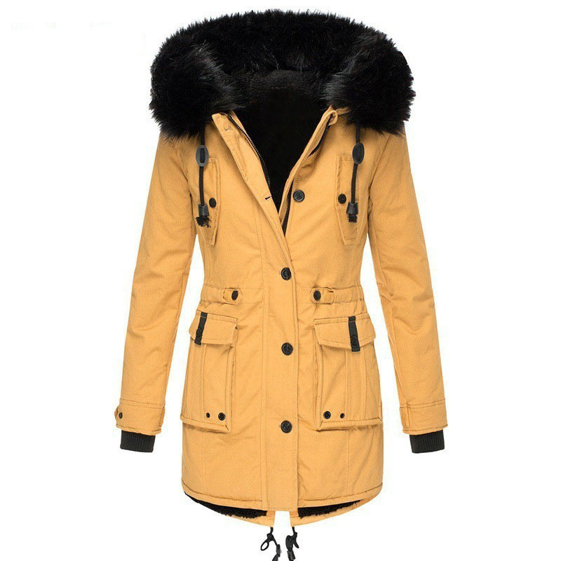 Cross-border women's winter parka coat with large fur collar, hooded, mid-length, cotton-padded, waist-cinching, multi-pocket, warm, outdoor Cross-border women's winter parka coat with large fur collar, hooded, mid-length, cotton-padded, waist-cinching, multi-pocket, warm, outdoor