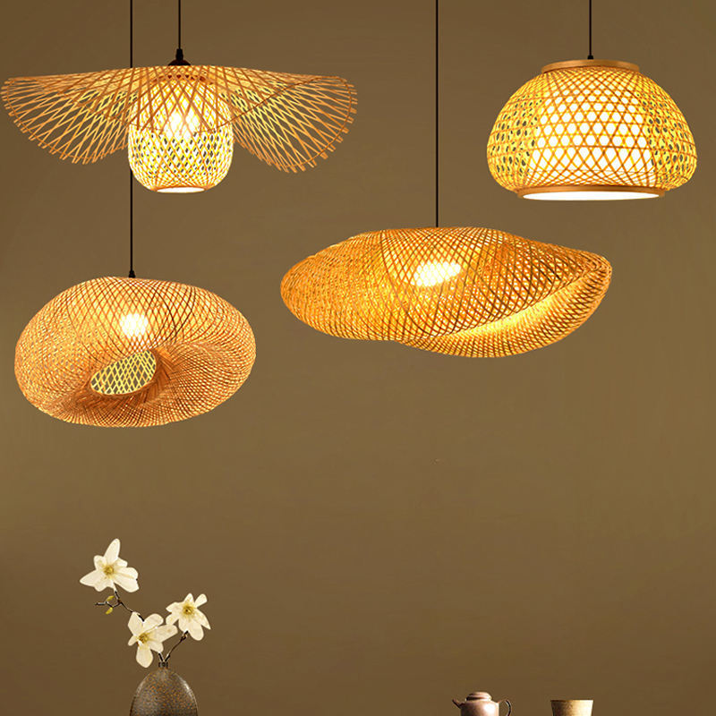 Natural Woven Bamboo Sunshade Lamp Stand, Rattan Pendant Light, Chinese-Style Restaurant Decoration, Led Rattan Art, New Chinese-Style Bamboo Weaving