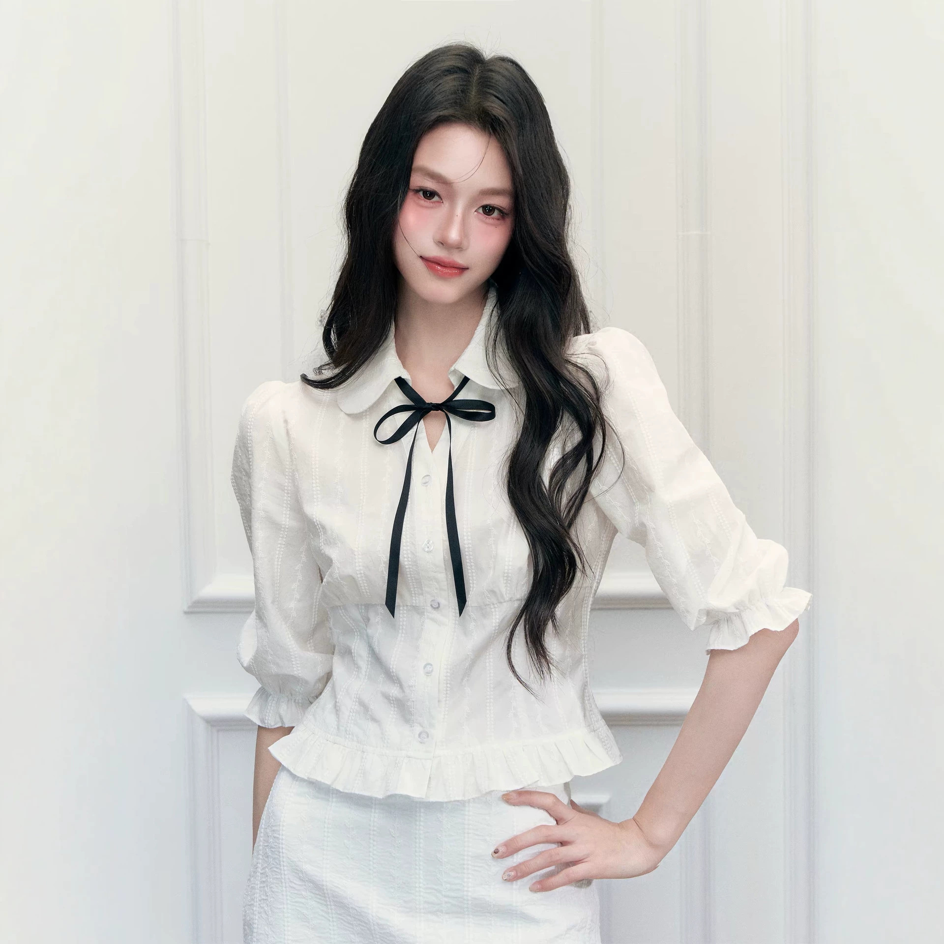 fragilehea YI碎商店·风萦书檐娃娃领学院风中袖衬衫包臀裙套装