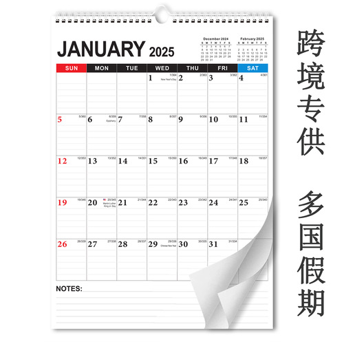 Cross-border hot selling 2024-2025 English calendar YO coil wall calendar multi-country holiday 365-day countdown monthly calendar