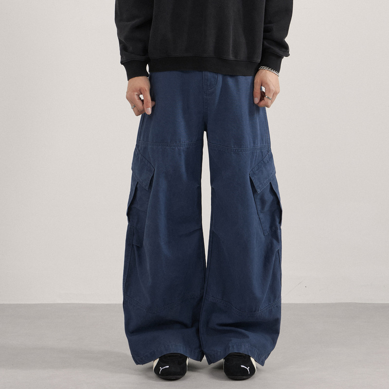 American-Style Curved Hem Work Pants with Drapey Wide Legs, Unisex Loose Fit, Multi-Pocket High Street Casual Pants, Blue Men's Clothing Wholesale American-Style Curved Hem Work Pants with Drapey Wide Legs, Unisex Loose Fit, Multi-Pocket High Street Casual Pants, Blue Men's Clothing Wholesale