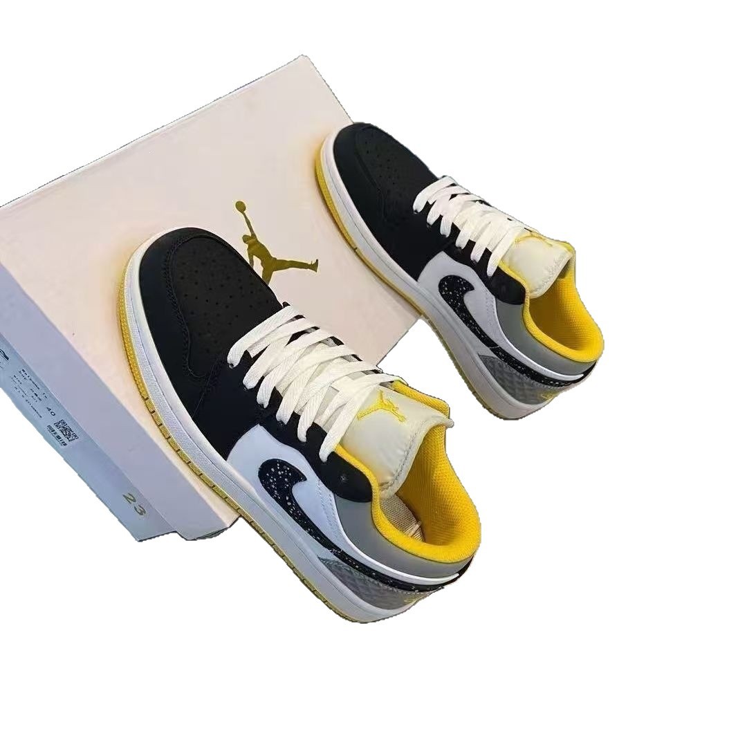 Chunyuan AJ1 Meituan negro, blanco y amarillo campus de moda baja pareja de hombres y mujeres zapatos de skate casuales