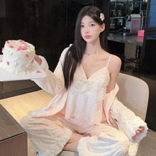 吊带豹纹三件套法兰绒睡衣法式精致秋冬季舒适温暖长袖家居服套装
