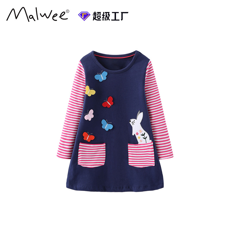 Vestido de niña otoño y invierno nuevo estilo europeo y americano rayas de manga larga vestido de princesa de cuello redondo casual ropa infantil