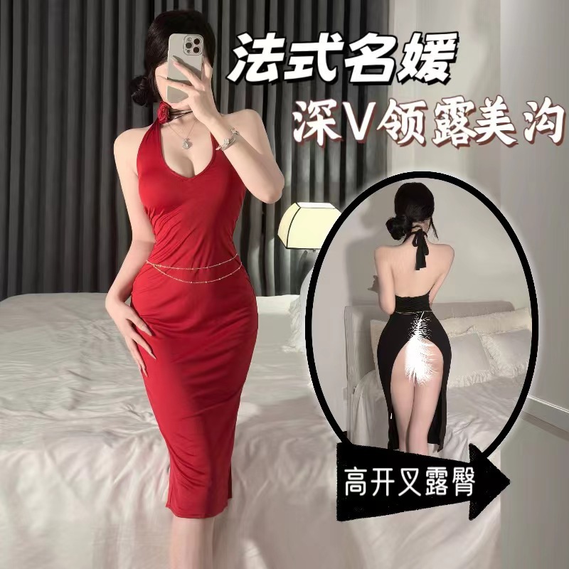프렌치 사교계 명사의 딥 V 엉덩이 노출 드레스, 순수한 욕망 유혹 잠옷, 섹시한 속옷, 섹시한 탈착 불가복, 힙 스커트