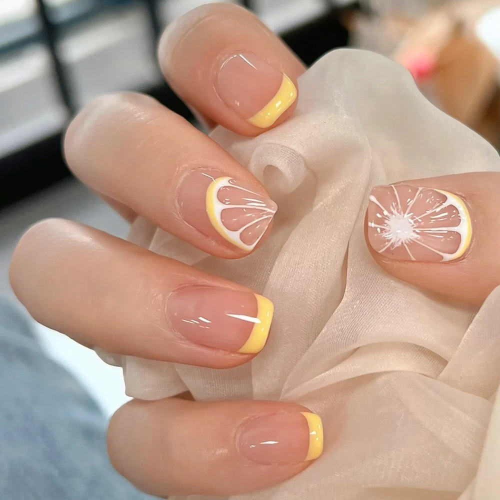 Comercio exterior estilo francés limón borde desnudos polvo amarillo color blanco manijas falsas 24 piezas de manicura de viento