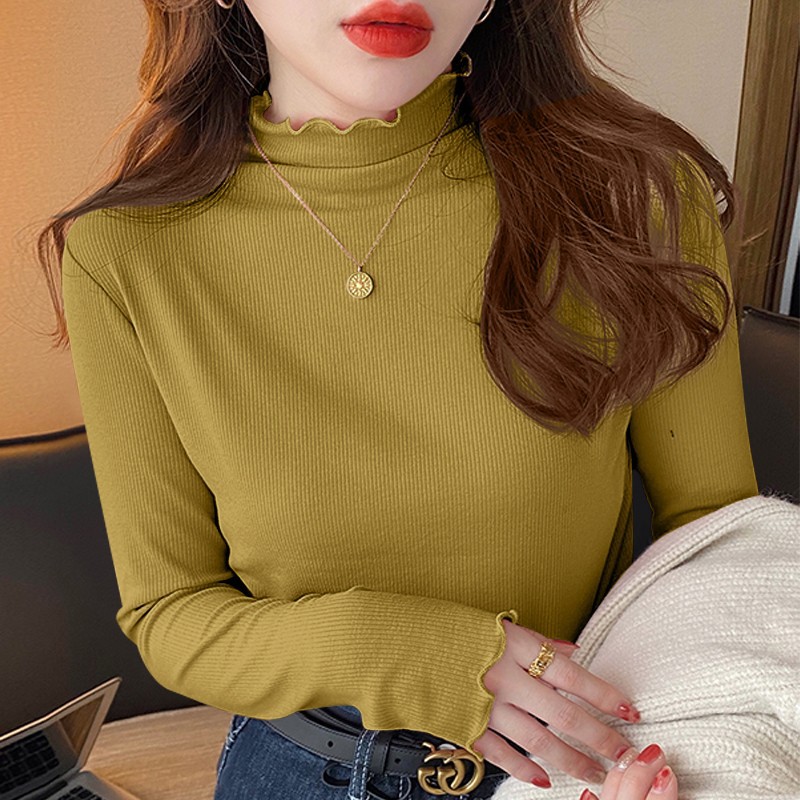 2025 봄과 가을 새로운 롱 티셔츠 여성용 반 높이 칼라 솔리드 컬러 올 매치 웨스턴 스타일베이스 셔츠 슬림 핏 탑 트렌디