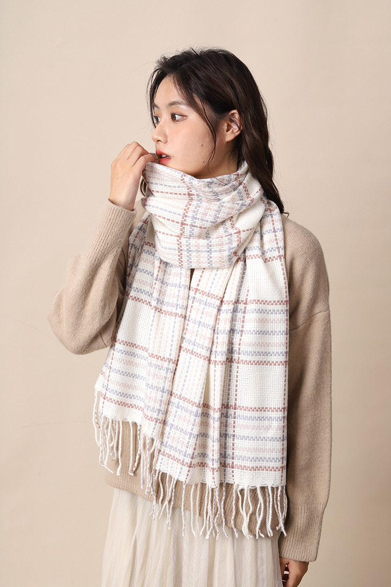 Elegant woven style cashmere 2024 new plaid women's winter Korean version versatile white student scarf_voghion.com