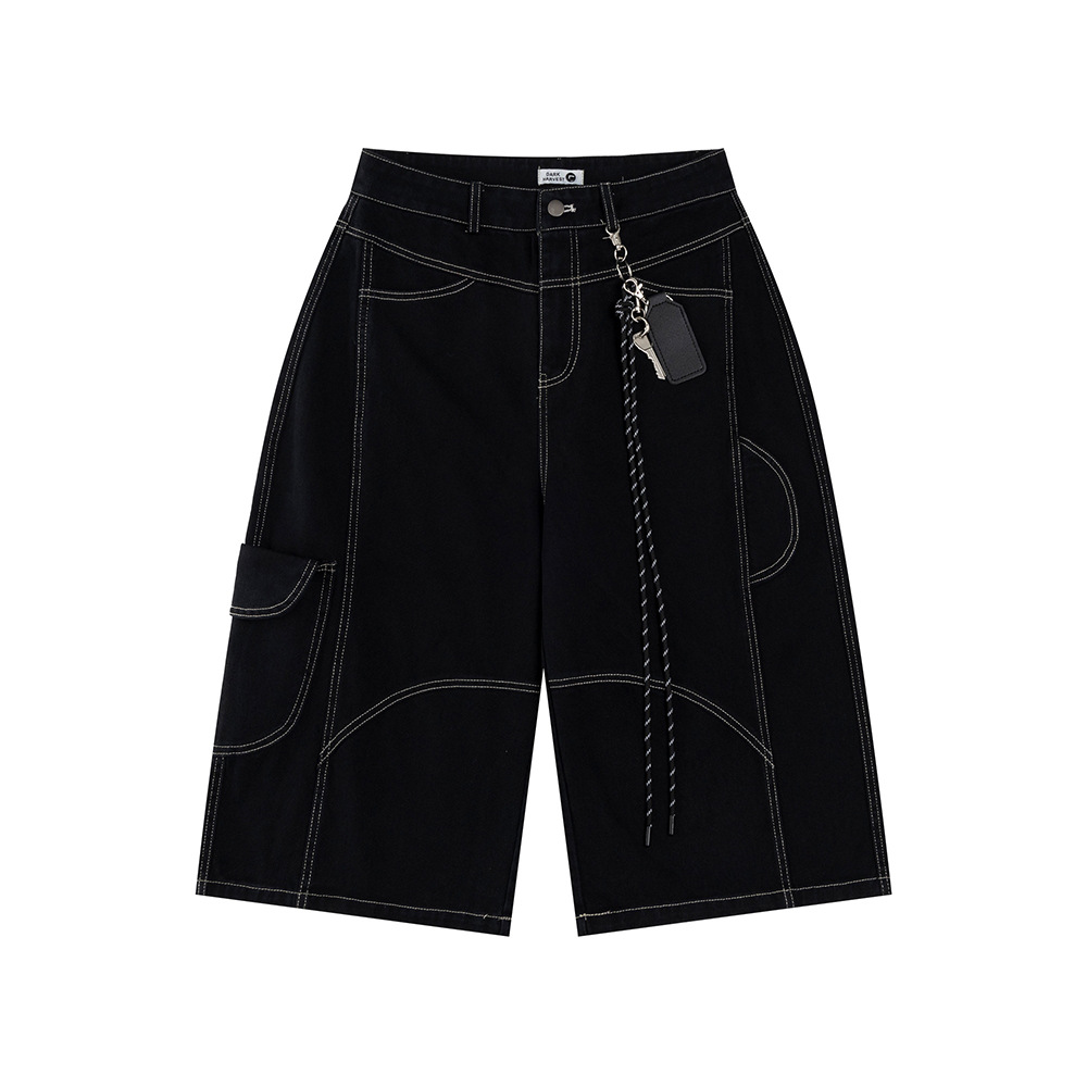 American Retro Red Open Line Wide-leg Denim Shorts Capri Pants Women's 2025 Spring and Summer Loose Overalls Wide-leg Pants